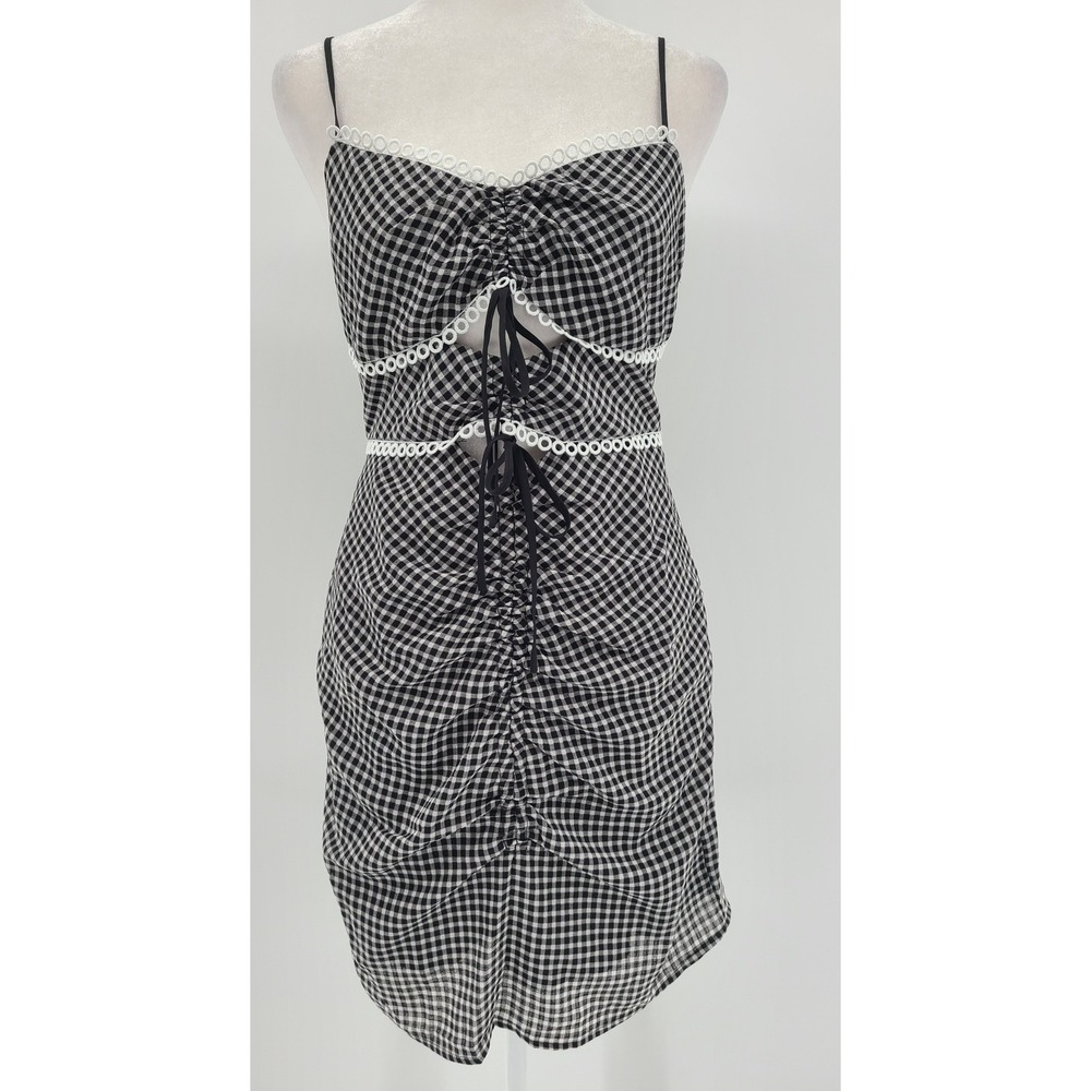 Y2K Coquette Babydoll Gingham Mini Dress Black White Lace Up Ruched Straps Small